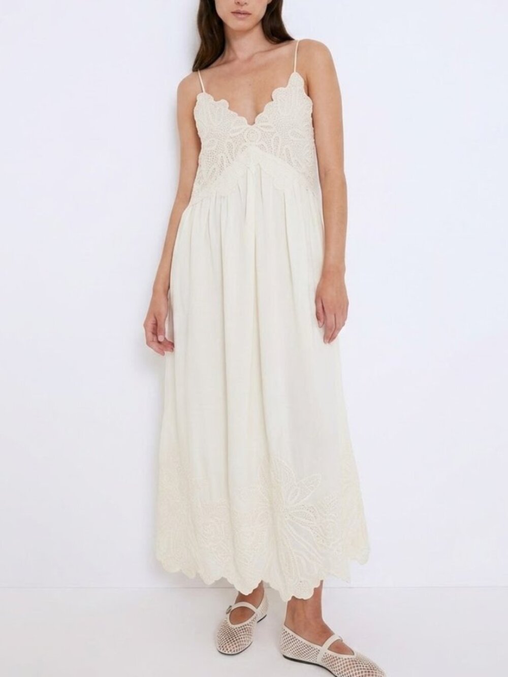 NWT H&M Embroidered Camisole Midi Dress White Cream Size Medium